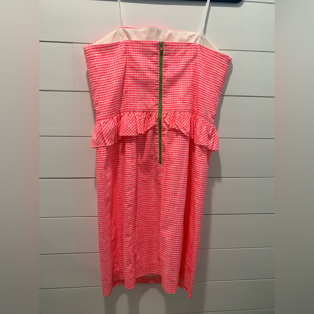 Lilly Pulitzer, size 8 hot pink gingham pencil dress, with cute ruffle detail. - Picture 2 of 12